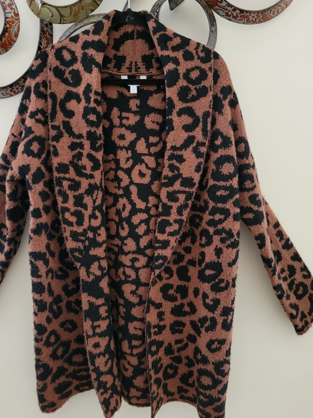 Time and Tru Brown and Black Leopard Print Open-Front Cardigan